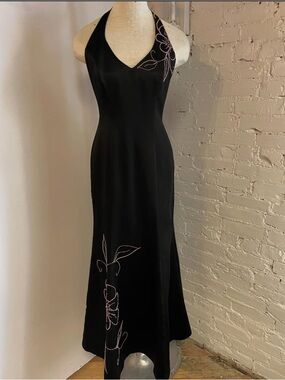 Y2K Black Halter Slip Dress with Pink Beaded Detail